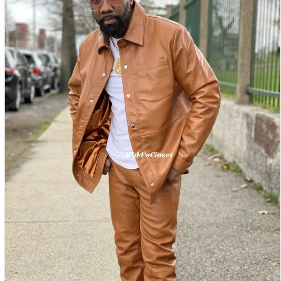 MEN'S LUCA LEATHER SHIRT AND PANTS SET [SADDLE BROWN]